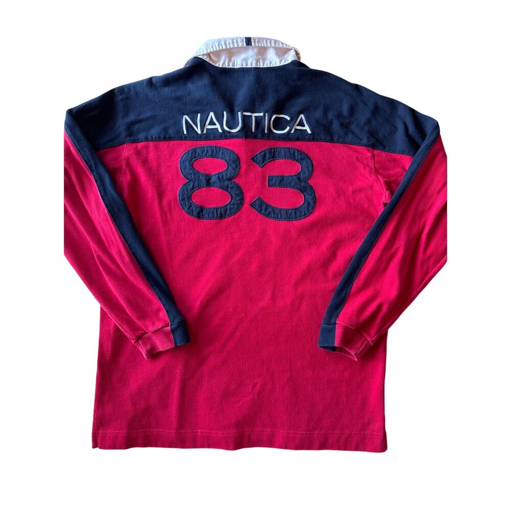 Nautica Heritage 83 Rugby Shirt Mens L Red Navy White Long Sleeve Colorblock